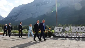 European Council President Antonio Costa, Japan's Prime Minister Shigeru Ishiba, Italian Prime Minister Giorgia Meloni, French President Emmanuel Macron, Canada Prime Minister Mark Carney and U.S. President Donald Trump leave after a family photo session during the G7 Summit, in Kananaskis, Alberta, Canada, June 16, 2025. REUTERS/Suzanne Plunkett/Pool REFILE - CORRECTING INFORMATION FROM "ARRIVE FOR A FAMILY PHOTO" TO "LEAVE AFTER A FAMILY PHOTO SESSION"./Suzanne Plunkett