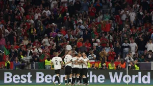 Soccer Football - Nations League - Semi Final - Germany v Portugal - Allianz Arena, Munich, Germany - June 4, 2025 Germany's Florian Wirtz celebrates scoring their first goal with teammates REUTERS/Michaela Stache