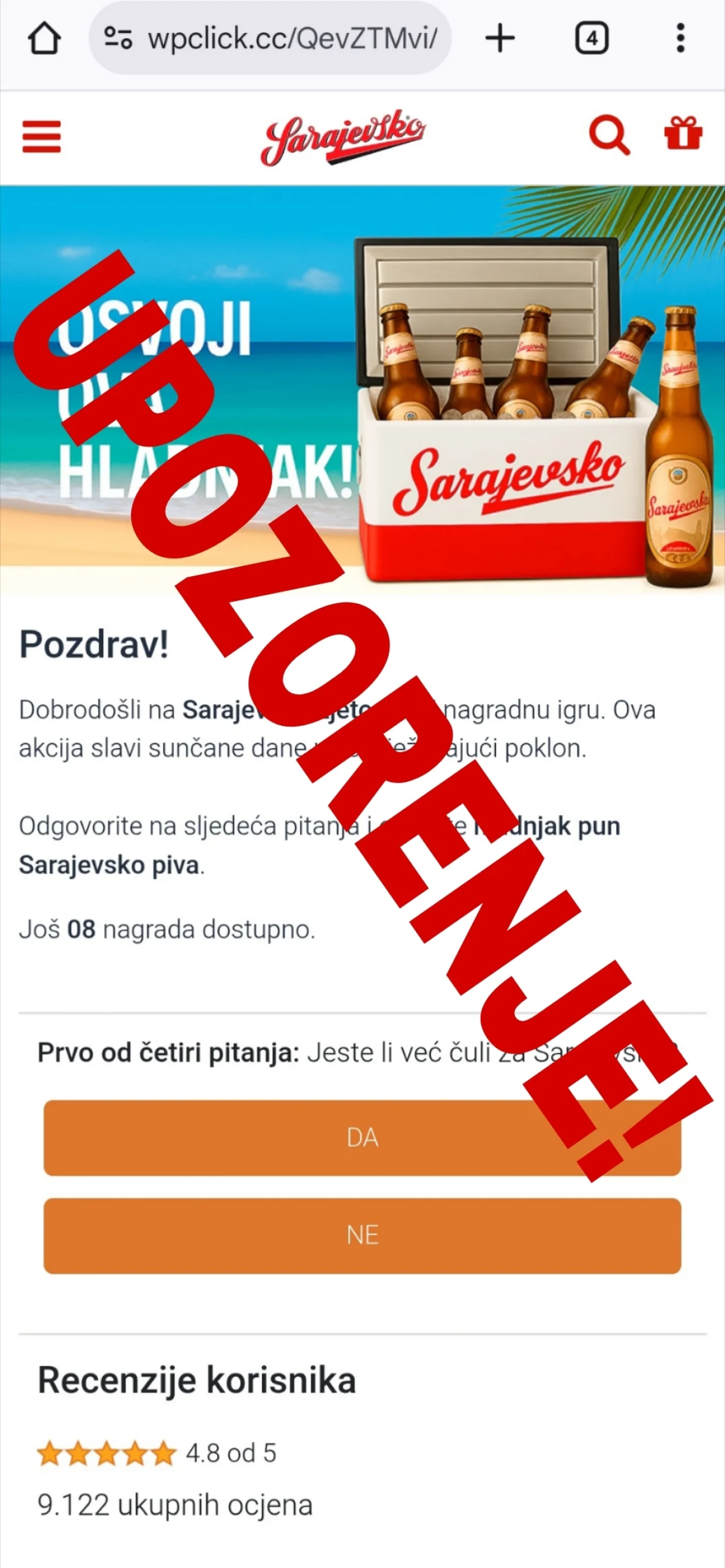 Obavijest o lažnoj nagradnoj igri/Sarajevska Pivara