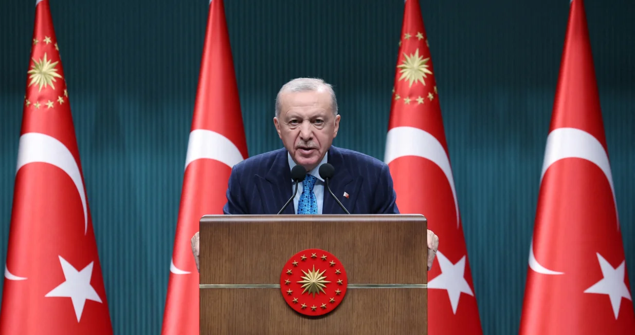 Turkish President Tayyip Erdogan speaks during a press conference following a cabinet meeting in Ankara, Turkey, June 16, 2025. Murat Kula/Presidential Press Office/Handout via REUTERS ATTENTION EDITORS - THIS PICTURE WAS PROVIDED BY A THIRD PARTY. NO RESALES. NO ARCHIVES./Murat Kula/presidential Press Of