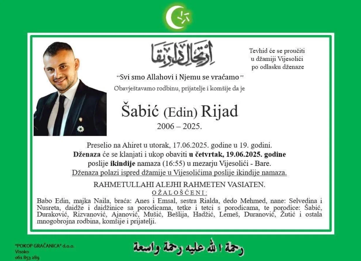 Dženaza-namaz će se klanjati i ukop obaviti u četvrtak, 19.06. 2025. godine/