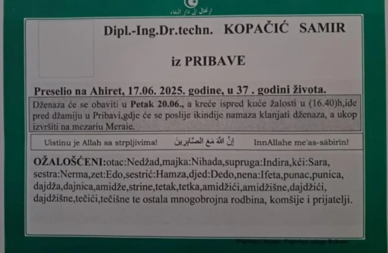 Bh. naučnik Samir Kopačić preminuo u 37. godini života, smrtovnica/