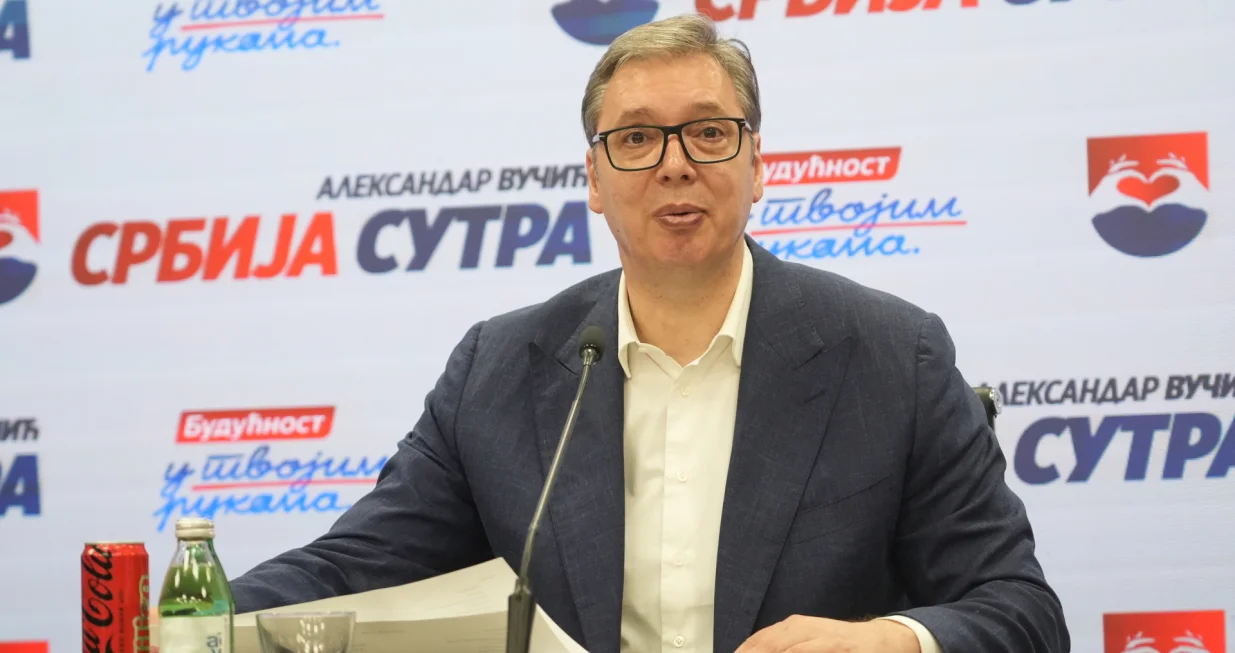 08, June, 2025, Belgrade - The President of the Republic of Serbia and member of the Serbian Progressive Party Aleksandar Vucic addressed the media at the party headquarters on the occasion of the local elections in Kosjeric and Zajecar. Aleksandar Vucic. Photo: Antonio Ahel/ATAImages08, jun, 2025, Beograd - Predsednik Republike Srbije i clan Srpske napredne stranke Aleksandar Vucic obratio se medijima u sedistu stranke povodom lokalnih izbora u Kosjericu i Zajecaru. Photo: Antonio Ahel/ATAImages Photo: Antonio Ahel/ATAImages/PIXSELL/Antonio Ahel/ataimages/pixsell