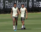 Soccer Football - Club World Cup - Real Madrid Training - Gardens North Country District Park, Palm Beach Gardens, Florida, U.S. - June 15, 2025 Real Madrid's Eder Militao and Kylian Mbappe during training REUTERS/Hannah Mckay
