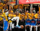 Jun 19, 2025; Indianapolis, Indiana, USA; Indiana Pacers center Myles Turner (33) dunks the ball against the Oklahoma City Thunder in the third quarter during game six of the 2025 NBA Finals at Gainbridge Fieldhouse. Mandatory Credit: Kyle Terada-Imagn Images