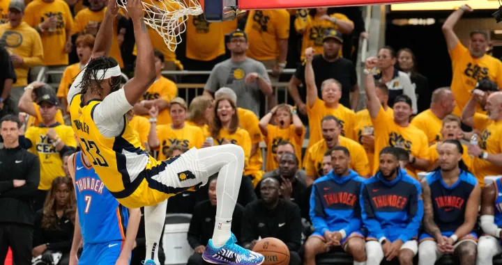 Jun 19, 2025; Indianapolis, Indiana, USA; Indiana Pacers center Myles Turner (33) dunks the ball against the Oklahoma City Thunder in the third quarter during game six of the 2025 NBA Finals at Gainbridge Fieldhouse. Mandatory Credit: Kyle Terada-Imagn Images