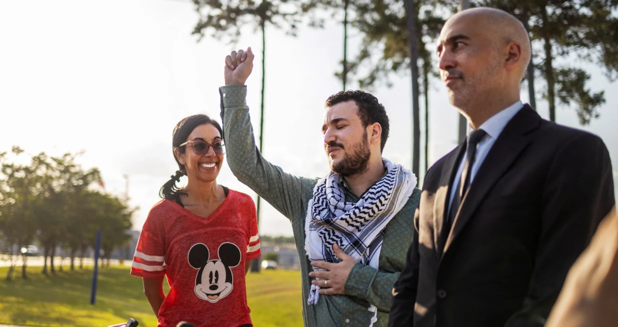 Columbia University graduate Mahmoud Khalil speaks to media after being released from immigration custody in Jena, Louisiana, U.S. June 20, 2025. REUTERS/Kathleen Flynn/Kathleen Flynn