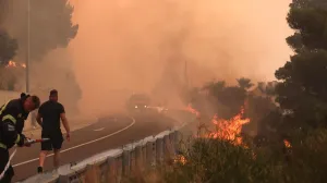 21.06.2025., Pisak - Rano jutros izbio je veliki pozar u sumi iznad magistrale. Bura otezava situaciju, a uz vatrogasce na terenu, u gasenju pozara sudjeluju i mjestani. Kako nesluzbeno doznaje Dalmacija Danas, u tijeku je evakuacija gradjana i turista. Photo: Ivo Cagalj/PIXSELL/Ivo Cagalj/pixsell