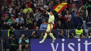 Soccer Football - Nations League - Final - Portugal v Spain - Allianz Arena, Munich, Germany - June 8, 2025 Spain's Martin Zubimendi celebrates scoring their first goal REUTERS/Michaela Stache