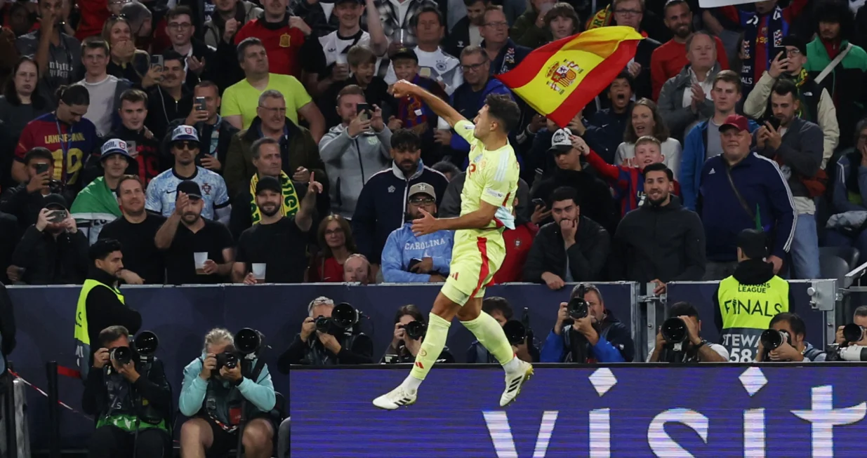 Soccer Football - Nations League - Final - Portugal v Spain - Allianz Arena, Munich, Germany - June 8, 2025 Spain's Martin Zubimendi celebrates scoring their first goal REUTERS/Michaela Stache