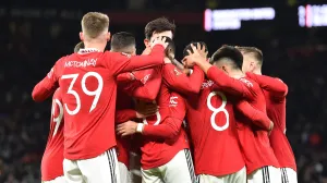 epa10393230 Manchester United's Marcus Rashford (C), assisted by his teammates, reacts after scoring for 3-1 against Everton during the FA Cup third round match between Manchester United and Everton in Manchester, Britain, 06 January 2023. EPA/Peter Powell EDITORIAL USE ONLY. No use with unauthorized audio, video, data, fixture lists, club/league logos or 'live' services. Online in-match use limited to 120 images, no video emulation. No use in betting, games or single club/league/player publications