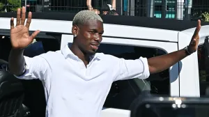 epa10061127 New Juventus' player Paul Pogba arrives at the J Medical center to undergo medical tests, in Turin, Italy, 09 July 2022. The French international has arrived in Turin to complete his return to Italian Serie A soccer side Juventus on a free transfer. EPA/Alessandro Di Marco