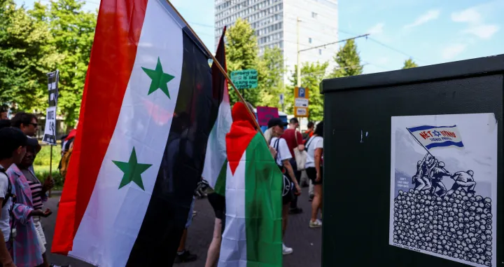 A demonstrator carries a Syrian flag used under Bashar al-Assad's rule, during a march against the upcoming NATO leaders' summit, at The Hague, Netherlands, June 22, 2025. REUTERS/Piroschka van de Wouw/Piroschka Van De Wouw