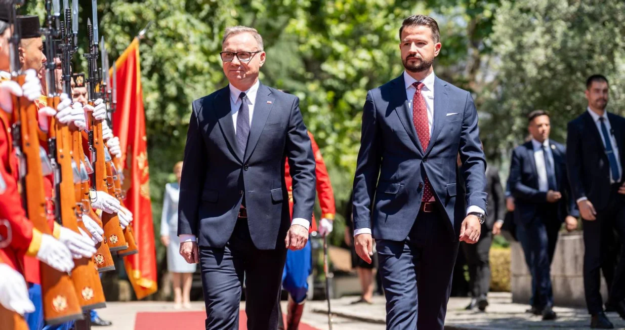 Podgorica, Crna Gora - 23. juni 2025: Predsjednik Republike Poljske Andrzej Duda boravi u zvaničnoj posjeti Crnoj Gori, na poziv predsjednika države Jakova Milatovića (Ured predsjednika Crne Gore - Anadolu Agency)/