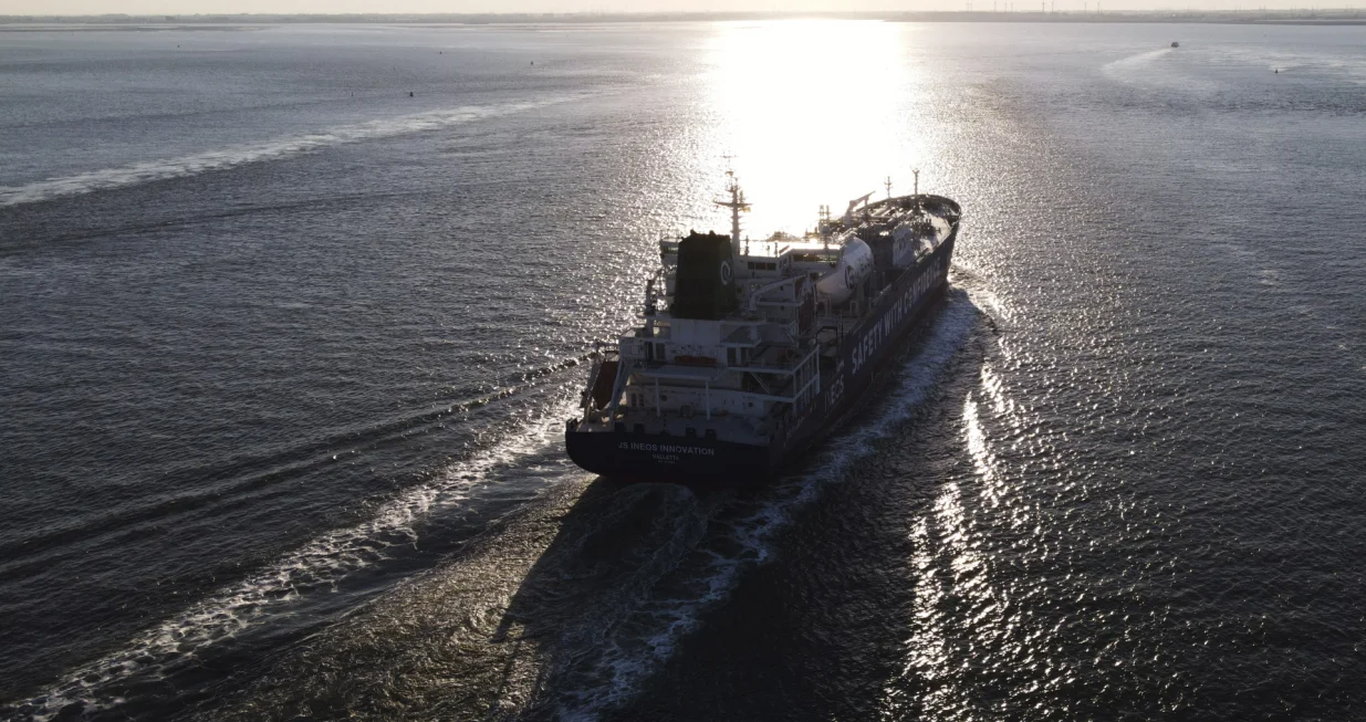 epa10116383 An aerial picture taken with a drone shows JS Ineos Innovatio (IMO Number 9744958) a LNG liquefied natural gas tanker on the Schelde River after leaving Antwerp harbour, Belgium, 11 August 2022, in direction of Rotterdam. EPA/OLIVIER HOSLET/Olivier Hoslet