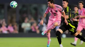 May 31, 2025; Fort Lauderdale, Florida, USA; Inter Miami CF forward Lionel Messi (10) scores against the Columbus Crew during the first half at Chase Stadium. Mandatory Credit: Sam Navarro-Imagn Images