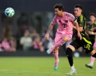 May 31, 2025; Fort Lauderdale, Florida, USA; Inter Miami CF forward Lionel Messi (10) scores against the Columbus Crew during the first half at Chase Stadium. Mandatory Credit: Sam Navarro-Imagn Images