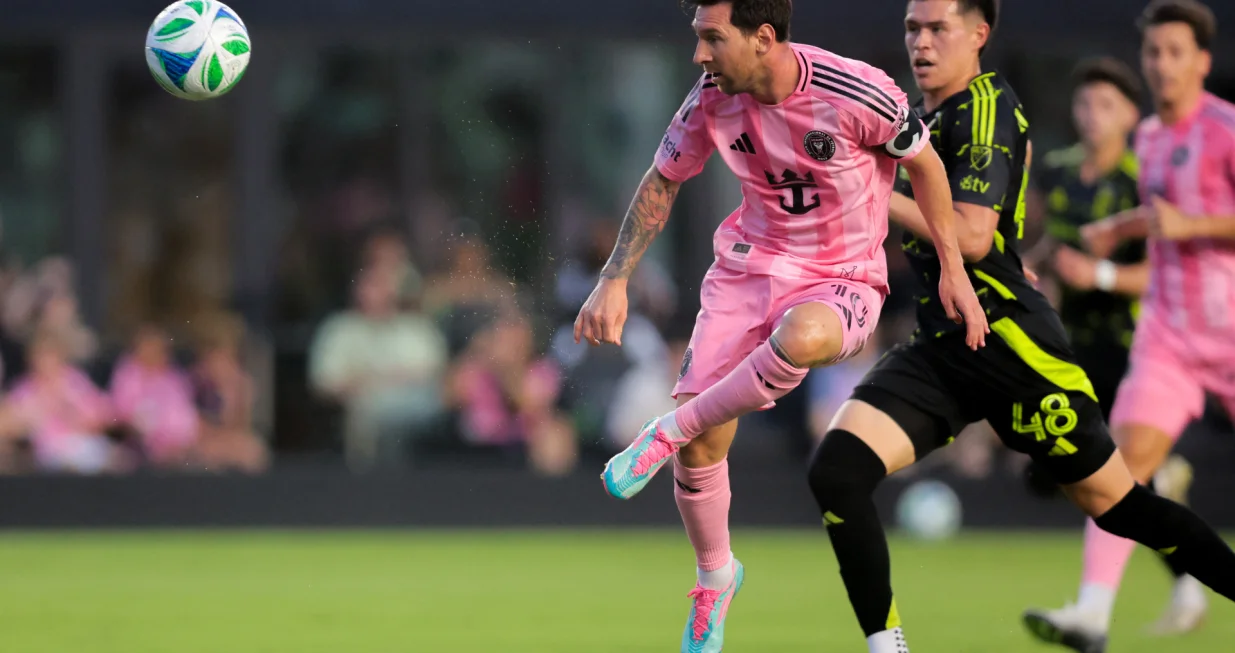 May 31, 2025; Fort Lauderdale, Florida, USA; Inter Miami CF forward Lionel Messi (10) scores against the Columbus Crew during the first half at Chase Stadium. Mandatory Credit: Sam Navarro-Imagn Images