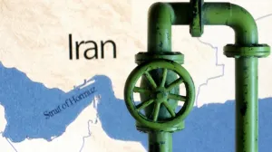 FILE PHOTO: A map showing the Strait of Hormuz and Iran is seen behind a 3D printed oil pipeline in this illustration taken June 22, 2025. REUTERS/Dado Ruvic/Illustration/File Photo/Dado Ruvic