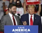 epa10190799 J.D. Vance (L), Republican Nominee for US Senator for Ohio, appears on stage at a Save America rally with former US President Donald Trump (R) at the Covelli Centre in Youngstown, Ohio, USA, 17 September 2022. EPA/DAVID MAXWELL/David Maxwell
