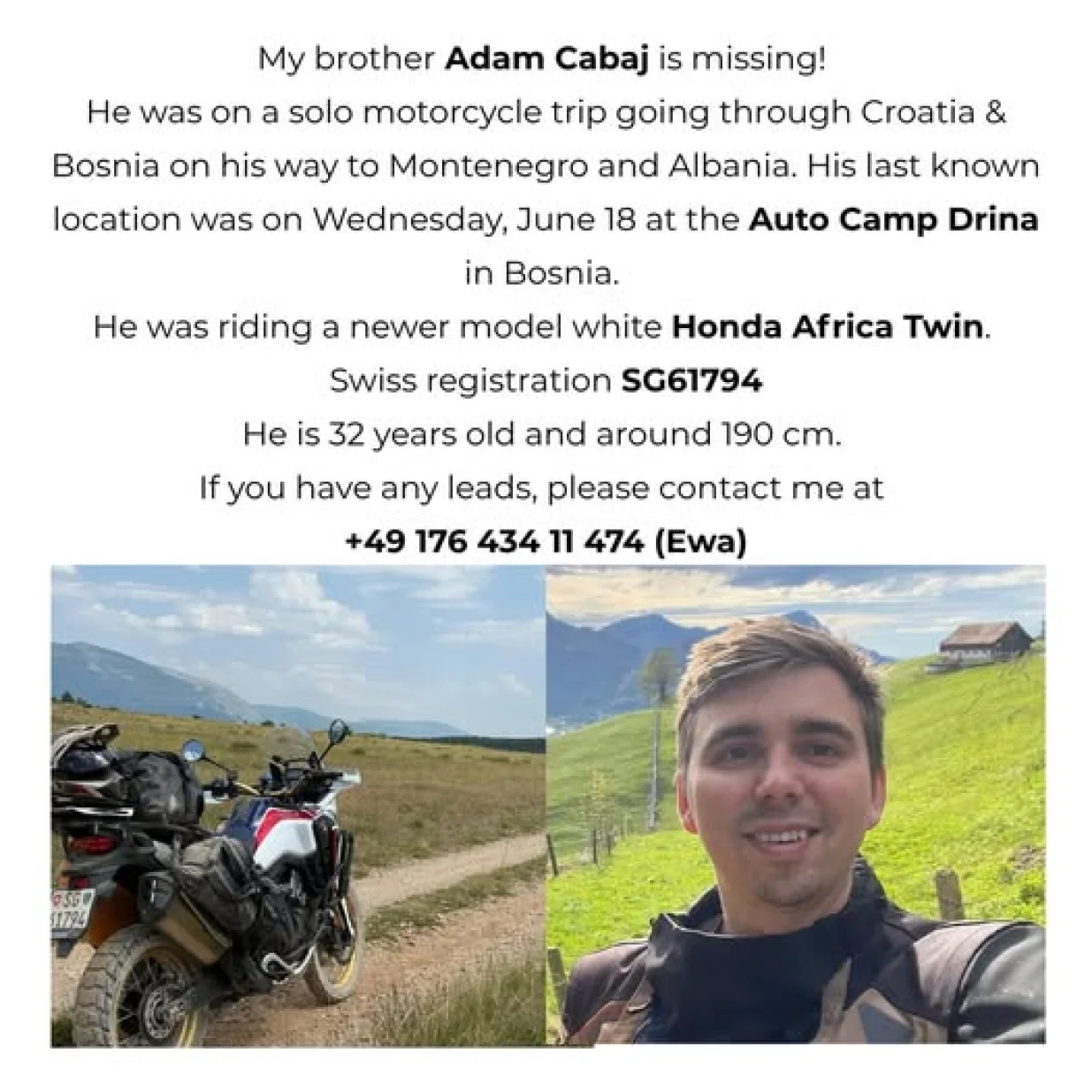 Traži se Adam Cabaj: Motociklist krenuo na put oko BiH pa nestao, sestra moli za pomoć/Društvene Mreže