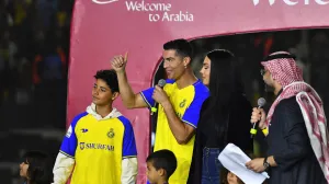 epa10387573 Portuguese soccer player Cristiano Ronaldo, his partner Georgina Rodriguez, and children attend a presenting ceremony at Mrsool Park stadium, in Riyadh, Saudi Arabia, 03 January 2023. Cristiano Ronaldo will be presented at Mrsool Park stadium on 03 January after he signed a contract for Al-Nassr FC untill 2025. EPA/STR
