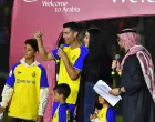 epa10387573 Portuguese soccer player Cristiano Ronaldo, his partner Georgina Rodriguez, and children attend a presenting ceremony at Mrsool Park stadium, in Riyadh, Saudi Arabia, 03 January 2023. Cristiano Ronaldo will be presented at Mrsool Park stadium on 03 January after he signed a contract for Al-Nassr FC untill 2025. EPA/STR