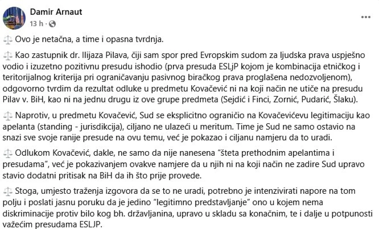Arnaut je odgovorio navode Konakovića da je Kovačević nanio štetu državi BiH/Facebook 