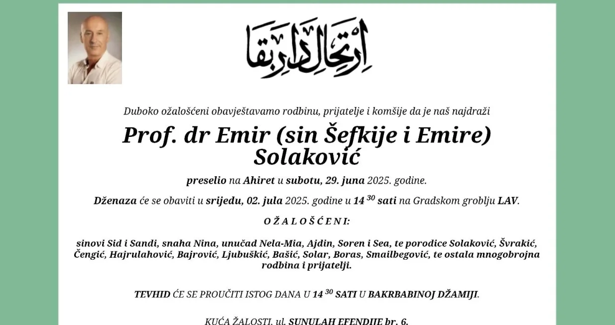 Smrtovnica prof. dr. Emiru Solakoviću/