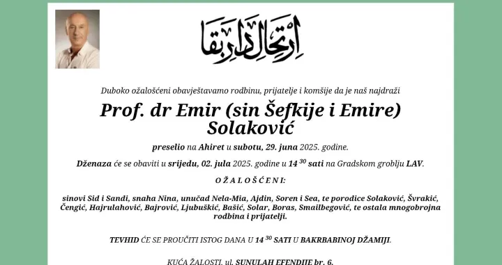 Smrtovnica prof. dr. Emiru Solakoviću/