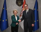 epa10271908 Serbian President Aleksandar Vucic (R) and European Commission President Ursula von der Leyen (L) shake hands before their meeting in Belgrade, Serbia, 28 October 2022. European Commission President von der Leyen is on an official visit to Serbia. EPA/DIMITRIJE GOLL EDITORIAL USE ONLY/NO SALES/Dimitrije Goll