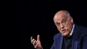 epa10281333 The President of La Liga (Spanish Football League) Javier Tebas attends a talk on the second day of Web Summit at Parque das Nacoes in Lisbon, Portugal, 02 November 2022. The Web Summit is considered the largest event of startups and technological entrepreneurship in the world, and takes place from 1 to 4 November in Lisbon. EPA/JOSE SENA GOULAO