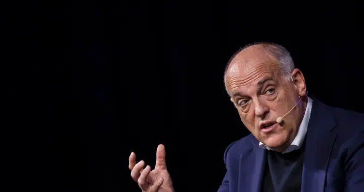 epa10281333 The President of La Liga (Spanish Football League) Javier Tebas attends a talk on the second day of Web Summit at Parque das Nacoes in Lisbon, Portugal, 02 November 2022. The Web Summit is considered the largest event of startups and technological entrepreneurship in the world, and takes place from 1 to 4 November in Lisbon. EPA/JOSE SENA GOULAO