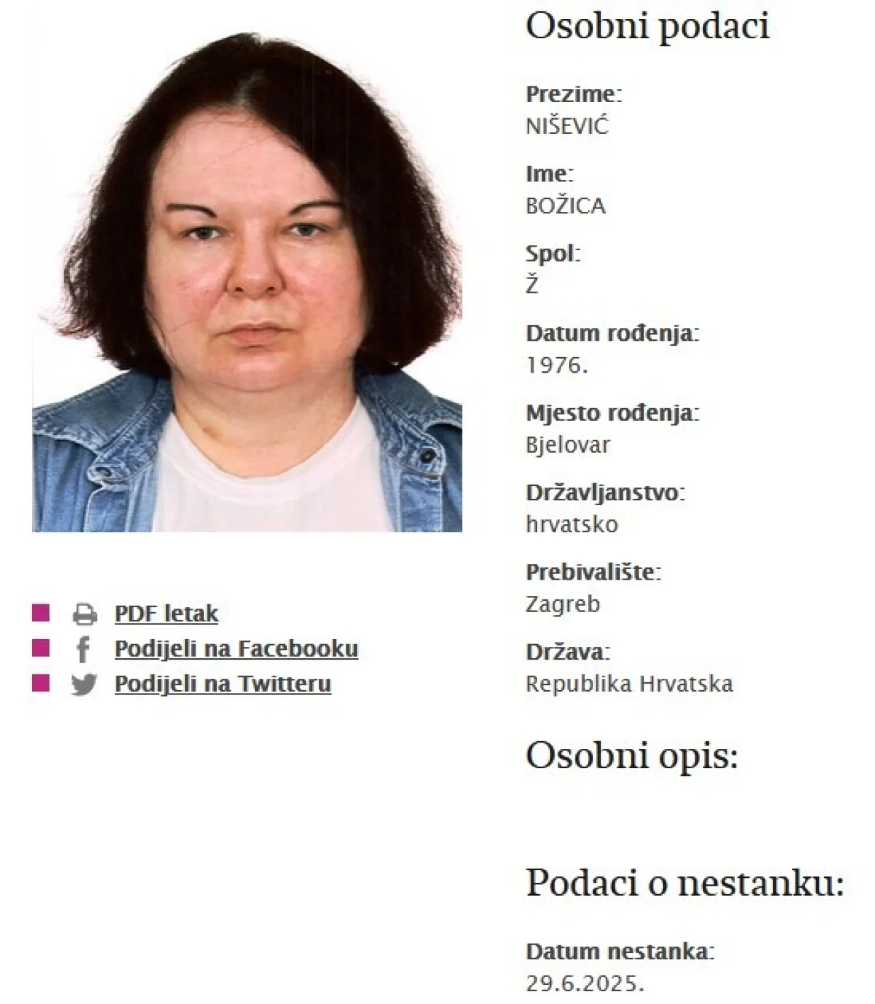 Božica Nišević/Nestali.hr/