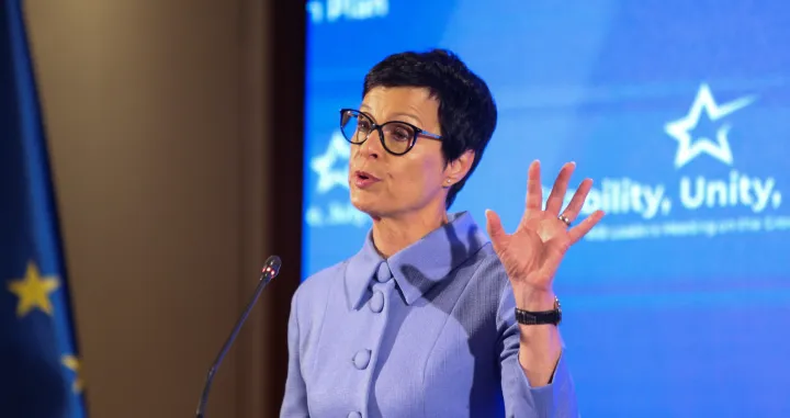 European Commissioner for Enlargement Marta Kos speaks, on the day of a meeting of the Western Balkan leaders in Skopje, North Macedonia, July 1, 2025. REUTERS/Ognen Teofilovski/Ognen Teofilovski