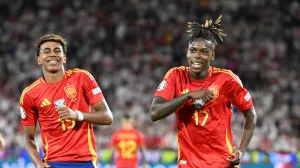 COLOGNE, GERMANY - JUNE 30: Lamine Yamal (17) and Nico Williams (19) of Spain celebrate during the UEFA EURO 2024 round of 16 match between Spain and Georgia at Cologne Stadium (RheinEnergieStadion) on June 30, 2024 in Cologne, Germany. (Gökhan Balcı - Anadolu Agency)