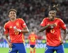 COLOGNE, GERMANY - JUNE 30: Lamine Yamal (17) and Nico Williams (19) of Spain celebrate during the UEFA EURO 2024 round of 16 match between Spain and Georgia at Cologne Stadium (RheinEnergieStadion) on June 30, 2024 in Cologne, Germany. (Gökhan Balcı - Anadolu Agency)