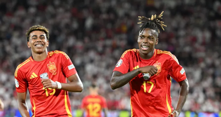 COLOGNE, GERMANY - JUNE 30: Lamine Yamal (17) and Nico Williams (19) of Spain celebrate during the UEFA EURO 2024 round of 16 match between Spain and Georgia at Cologne Stadium (RheinEnergieStadion) on June 30, 2024 in Cologne, Germany. (Gökhan Balcı - Anadolu Agency)