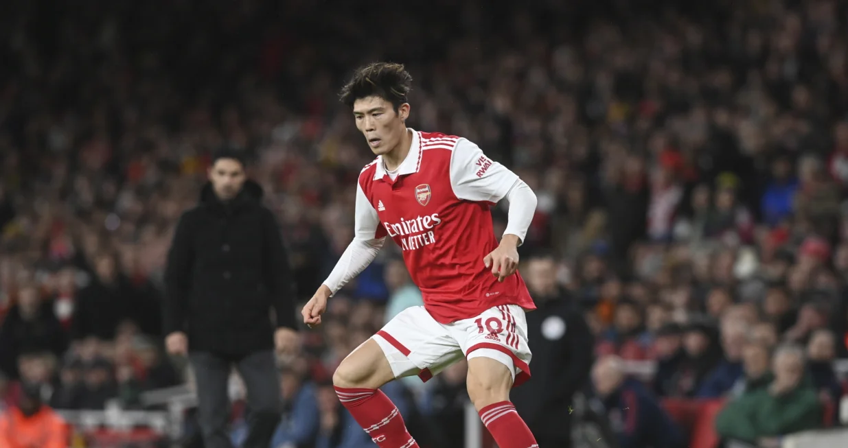 epa10387825 Takehiro Tomiyasu of Arsenal in action during the English Premier League soccer match between Arsenal London and Newcastle United in London, Britain, 03 January 2023. EPA/Neil Hall EDITORIAL USE ONLY. No use with unauthorized audio, video, data, fixture lists, club/league logos or 'live' services. Online in-match use limited to 120 images, no video emulation. No use in betting, games or single club/league/player publications