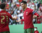 epa09997993 Portugal's Cristiano Ronaldo (R) celebrates with teammate Diogo Jota (L) after scoring the 2-0 lead during the UEFA Nations League soccer match between Portugal and Switzerland in Lisbon, Portugal, 05 June 2022. EPA/MIGUEL A. LOPES