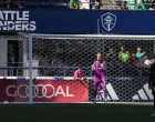 Jul 6, 2025; Seattle, Washington, USA; Seattle Sounders FC goalkeeper Stefan Frei (24) prepares for a free kick during the second half against Columbus Crew at Lumen Field. Mandatory Credit: Kevin Ng-Imagn Images