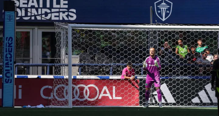 Jul 6, 2025; Seattle, Washington, USA; Seattle Sounders FC goalkeeper Stefan Frei (24) prepares for a free kick during the second half against Columbus Crew at Lumen Field. Mandatory Credit: Kevin Ng-Imagn Images