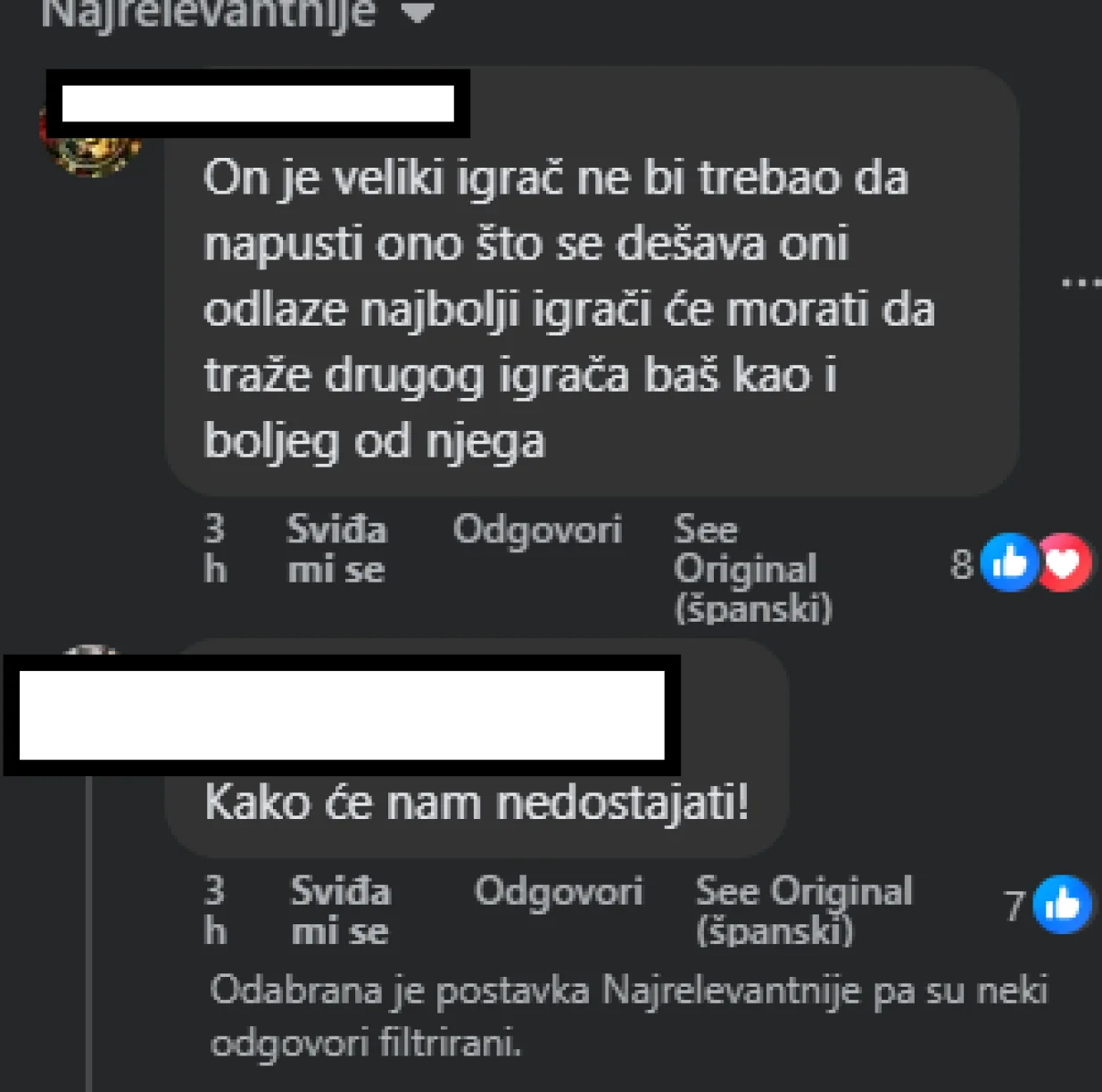 Komentari na zvaničnoj stranici Reala 