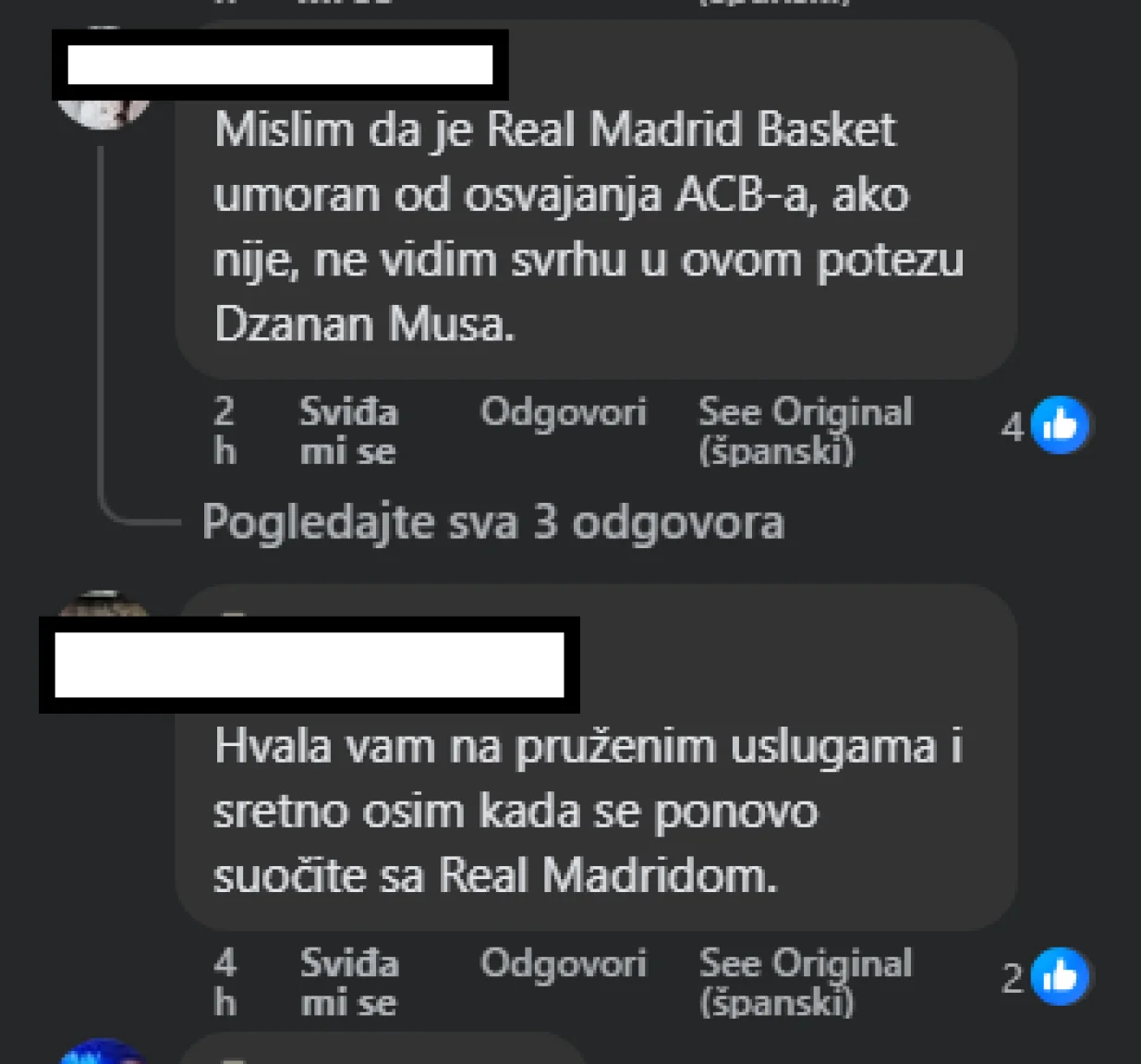 Komentari na zvaničnoj stranici Reala 