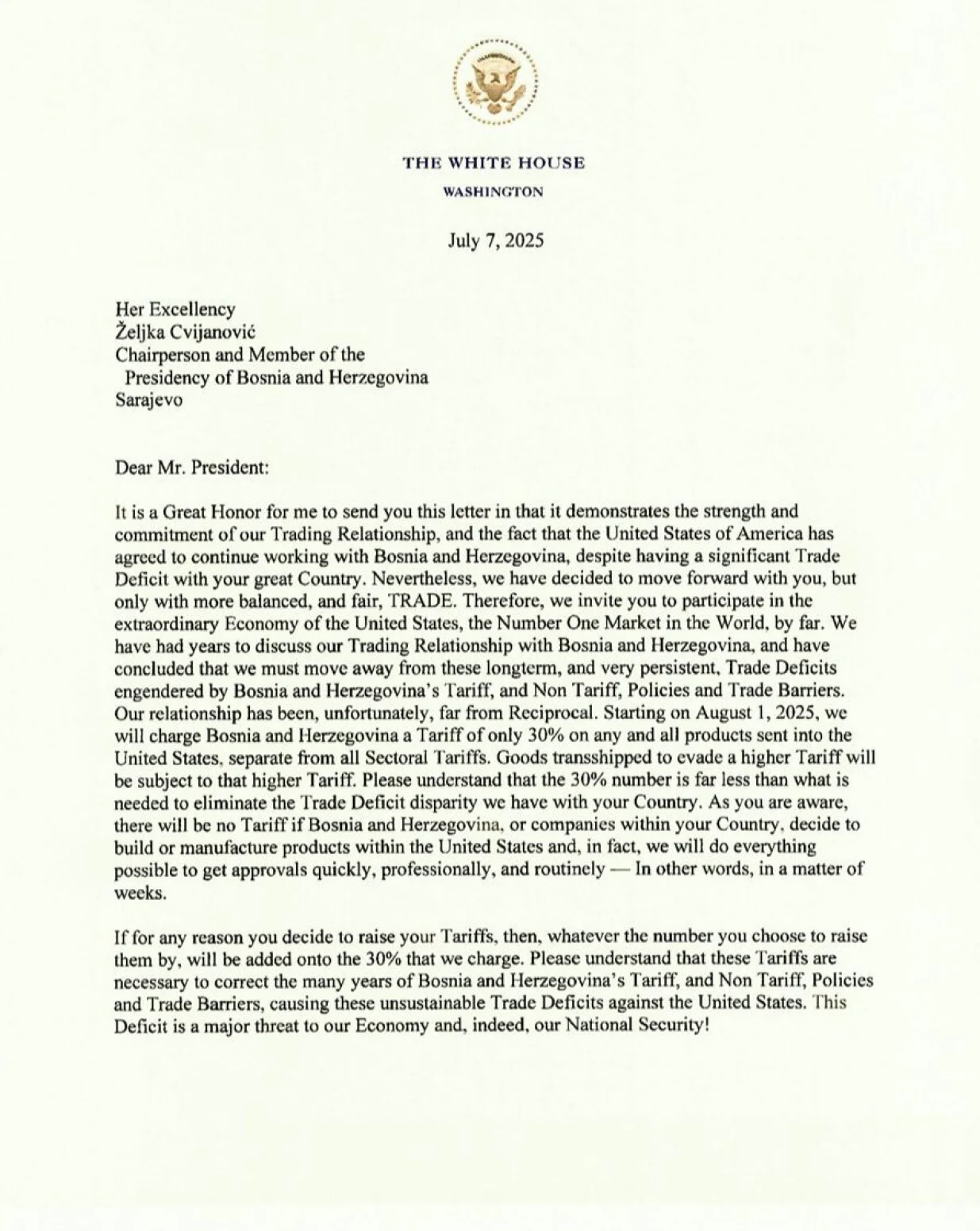 Pismo Donalda Trumpa upućeno Predsjedništvu BiH/