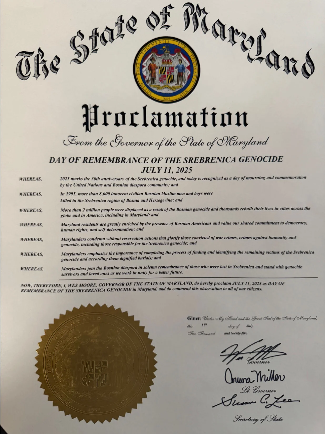 Savezna američka država Maryland proglasila je 11. juli kao Dan sjećanja na genocid u Srebrenici/
