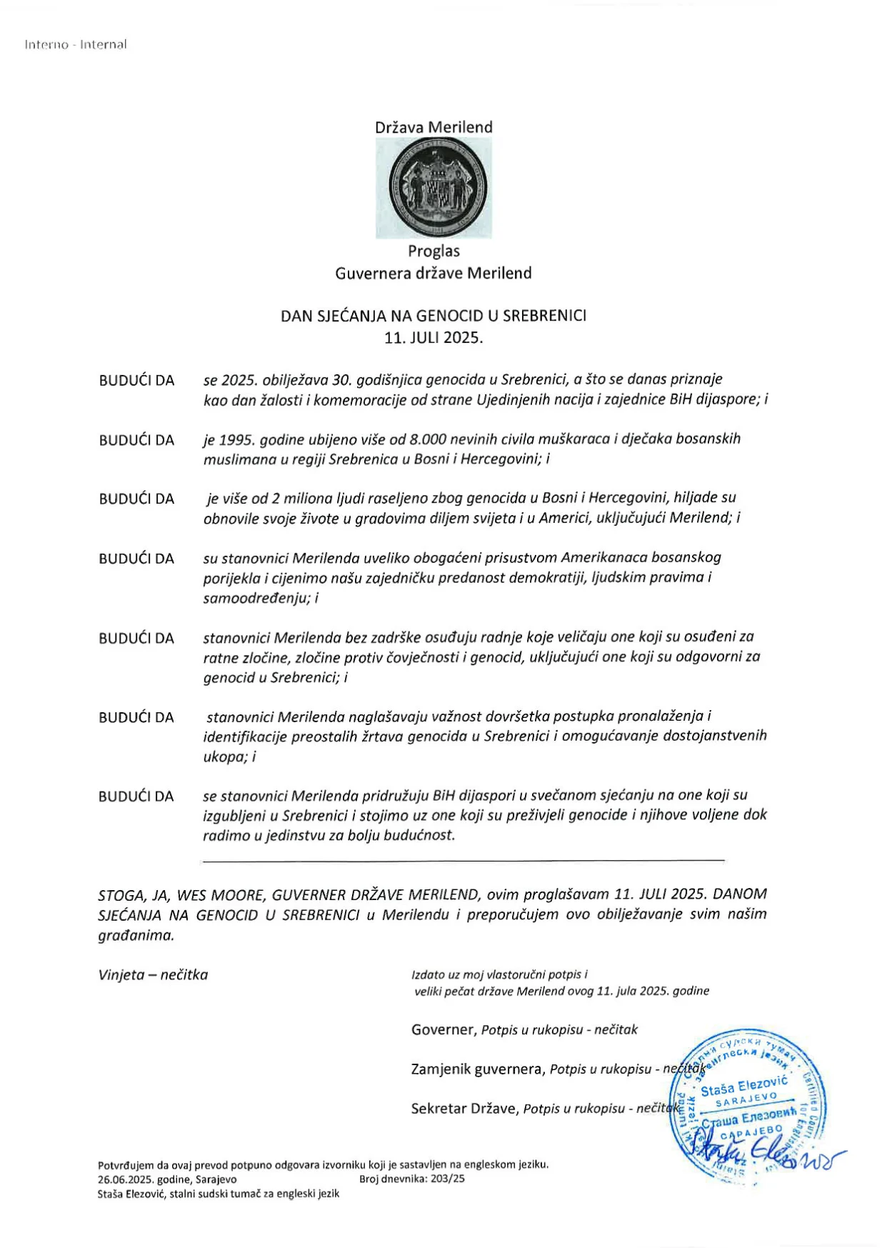 Savezna američka država Maryland proglasila je 11. juli kao Dan sjećanja na genocid u Srebrenici/