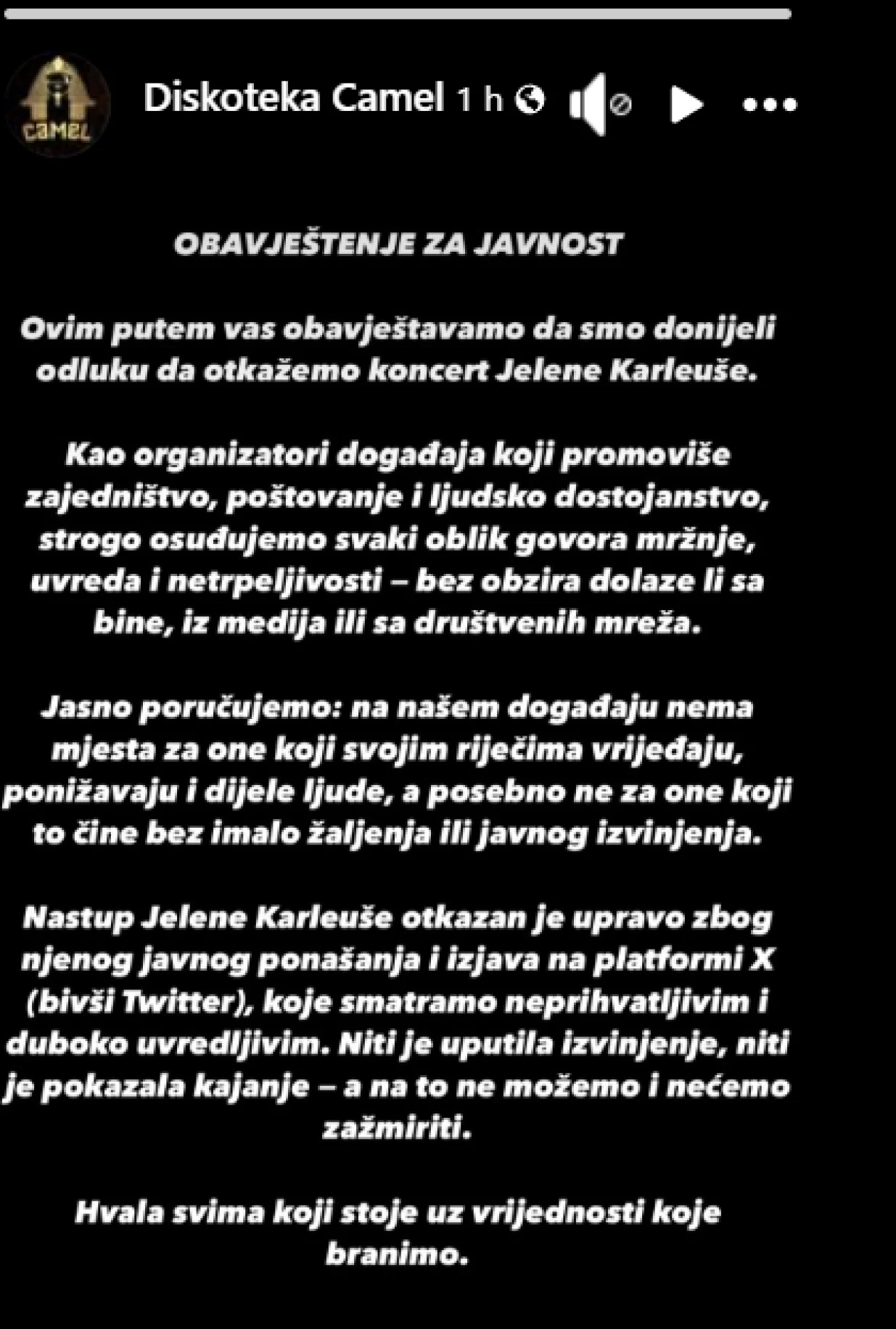 Diskoteka Camel Sanski Most, otkazan nastup Jelene Karleuše zbog negiranja genocida u Srebrenici/