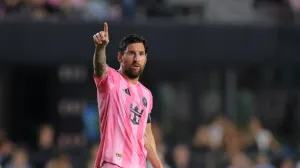 Jul 12, 2025; Fort Lauderdale, Florida, USA; Inter Miami CF forward Lionel Messi (10) signals against Nashville SC during the second half at Chase Stadium. Mandatory Credit: Sam Navarro-Imagn Images