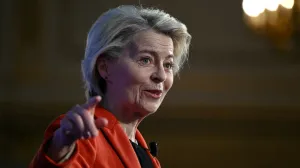 FILE PHOTO: European Commission President Ursula von der Leyen delivers a keynote speech during the Future of Energy Security Summit, hosted by the International Energy Agency and UK Government at Lancaster House in London, on April 24, 2025.  JUSTIN TALLIS/Pool via REUTERS/File Photo/Justin Tallis